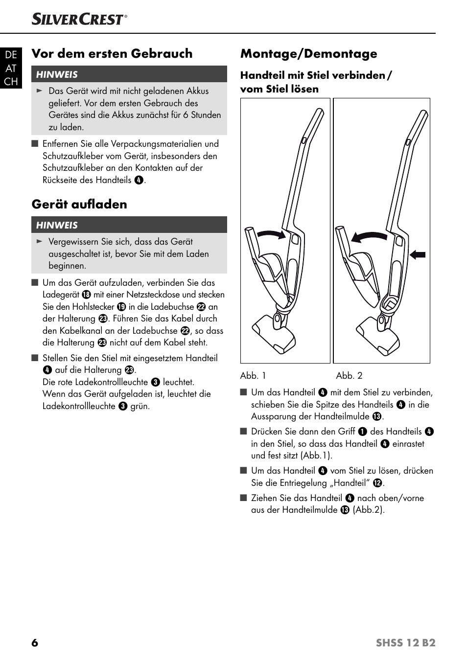 Vor dem ersten gebrauch, Gerät auﬂ aden, Montage/demontage | Silvercrest SHSS 12 B2 User Manual | Page 9 / 44