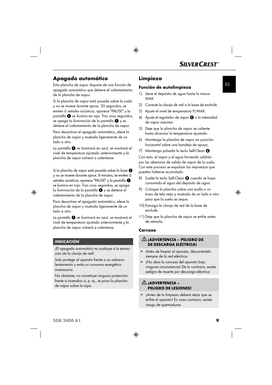 Apagado automático, Limpieza | Silvercrest SDB 2400 A1 User Manual | Page 12 / 63