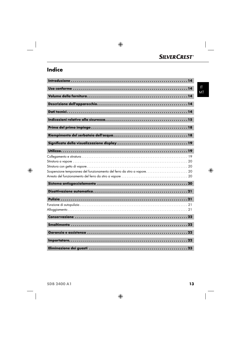 Indice | Silvercrest SDB 2400 A1 User Manual | Page 16 / 63