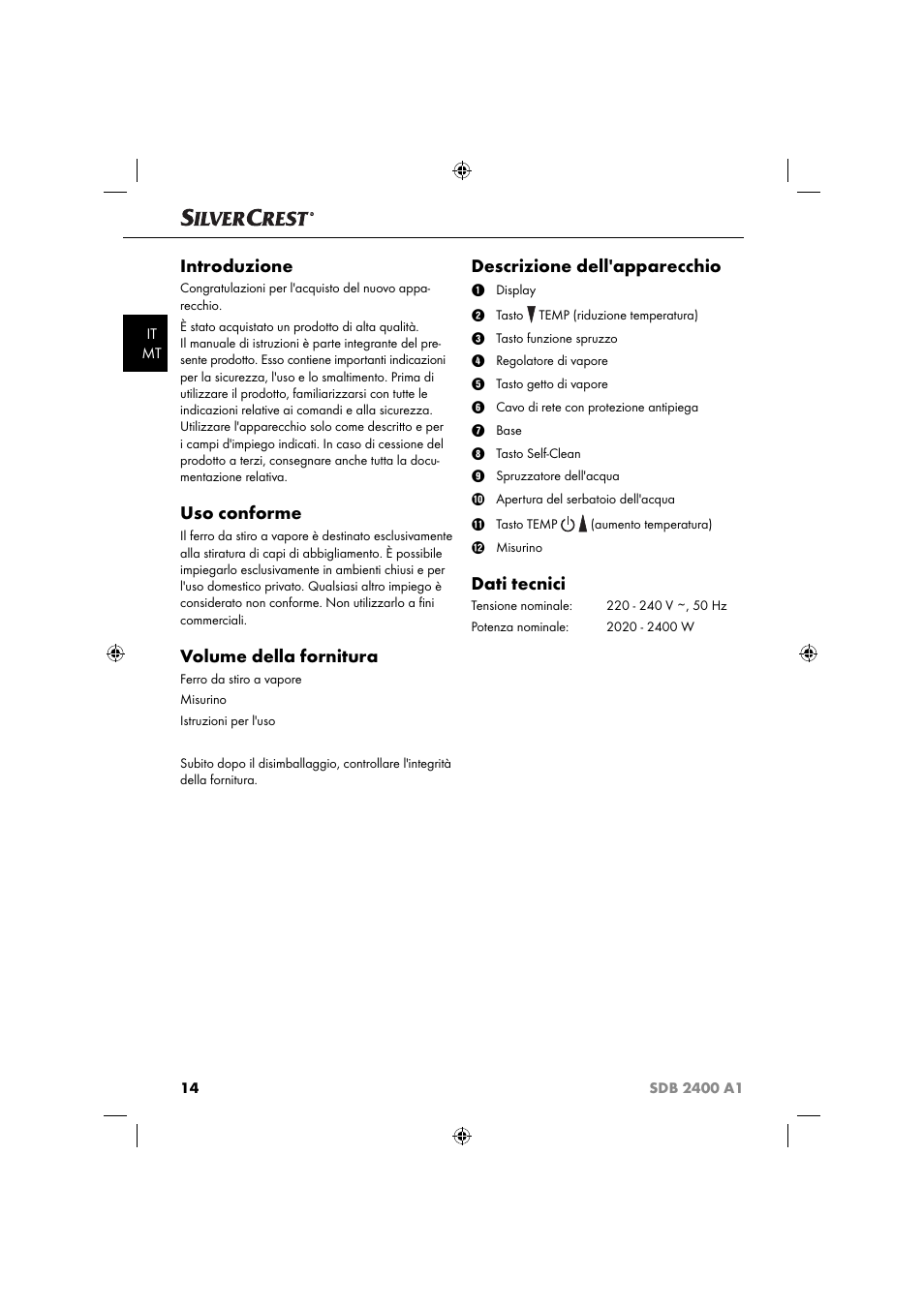 Introduzione, Uso conforme, Volume della fornitura | Descrizione dell'apparecchio, Dati tecnici | Silvercrest SDB 2400 A1 User Manual | Page 17 / 63
