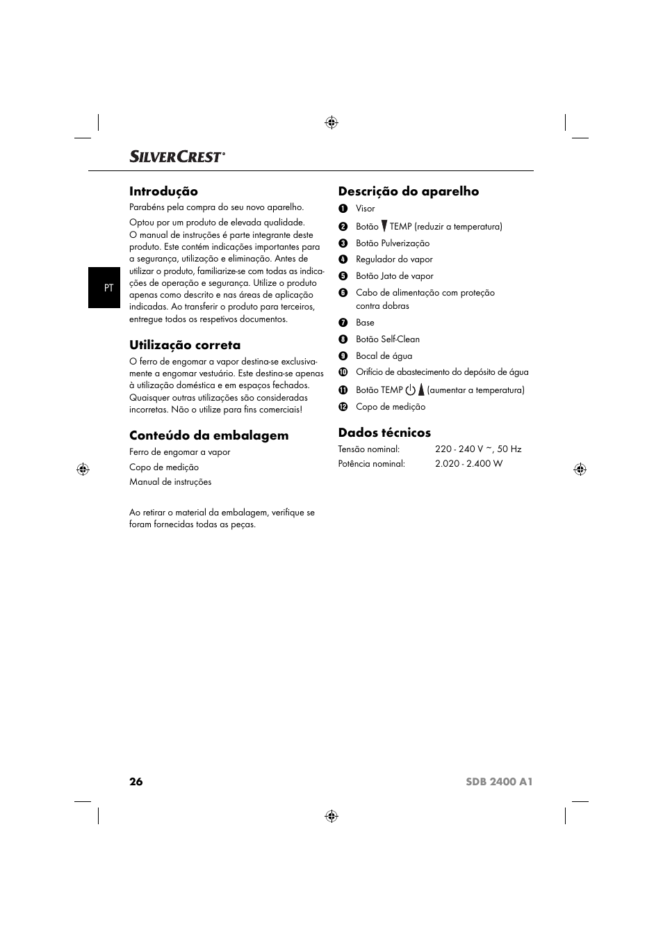 Introdução, Utilização correta, Conteúdo da embalagem | Descrição do aparelho, Dados técnicos | Silvercrest SDB 2400 A1 User Manual | Page 29 / 63