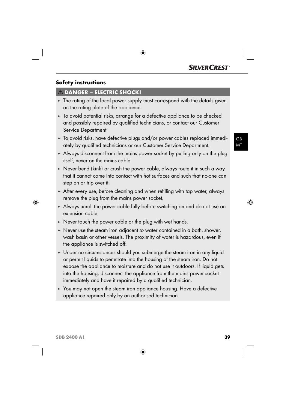 Safety instructions danger – electric shock | Silvercrest SDB 2400 A1 User Manual | Page 42 / 63