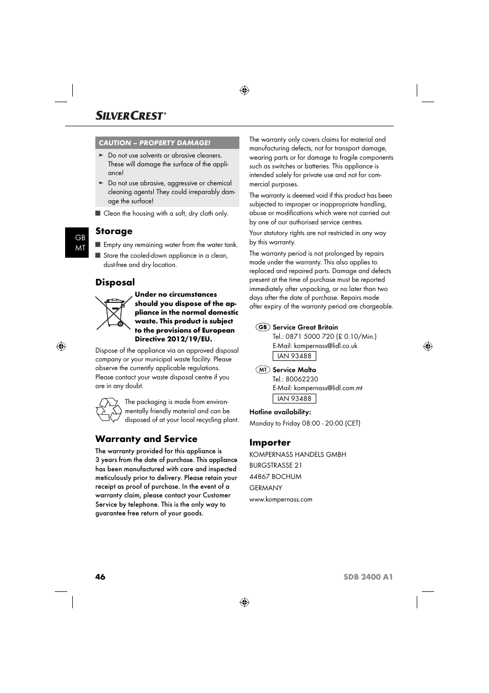 Storage, Disposal, Warranty and service | Importer | Silvercrest SDB 2400 A1 User Manual | Page 49 / 63