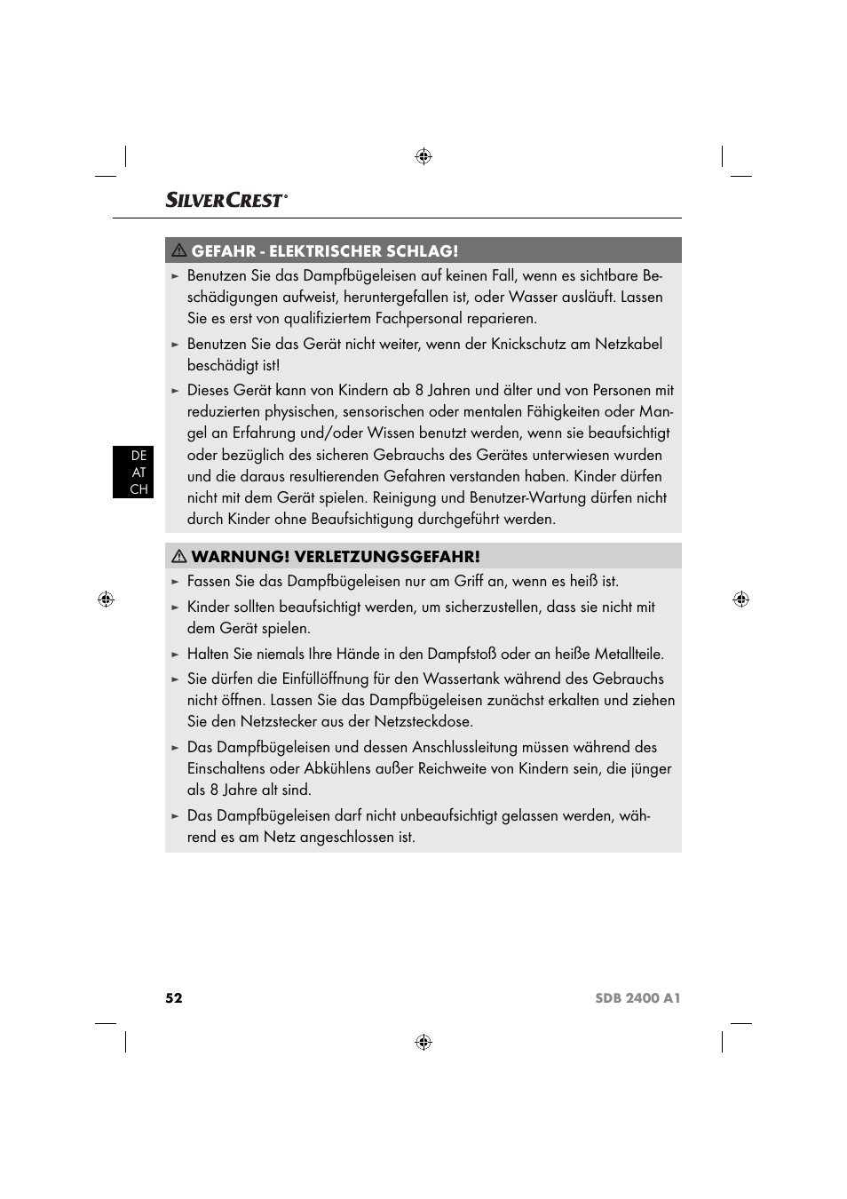 Gefahr - elektrischer schlag | Silvercrest SDB 2400 A1 User Manual | Page 55 / 63