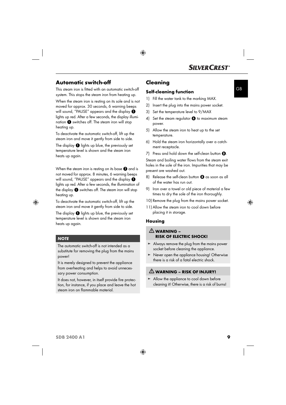 Automatic switch-oﬀ, Cleaning | Silvercrest SDB 2400 A1 User Manual | Page 12 / 63