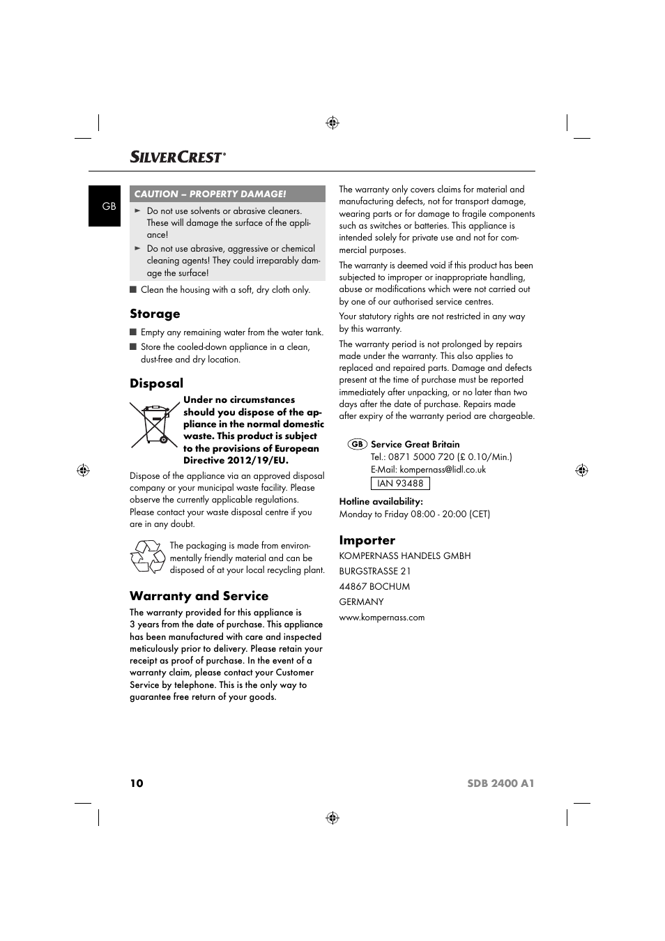 Storage, Disposal, Warranty and service | Importer | Silvercrest SDB 2400 A1 User Manual | Page 13 / 63