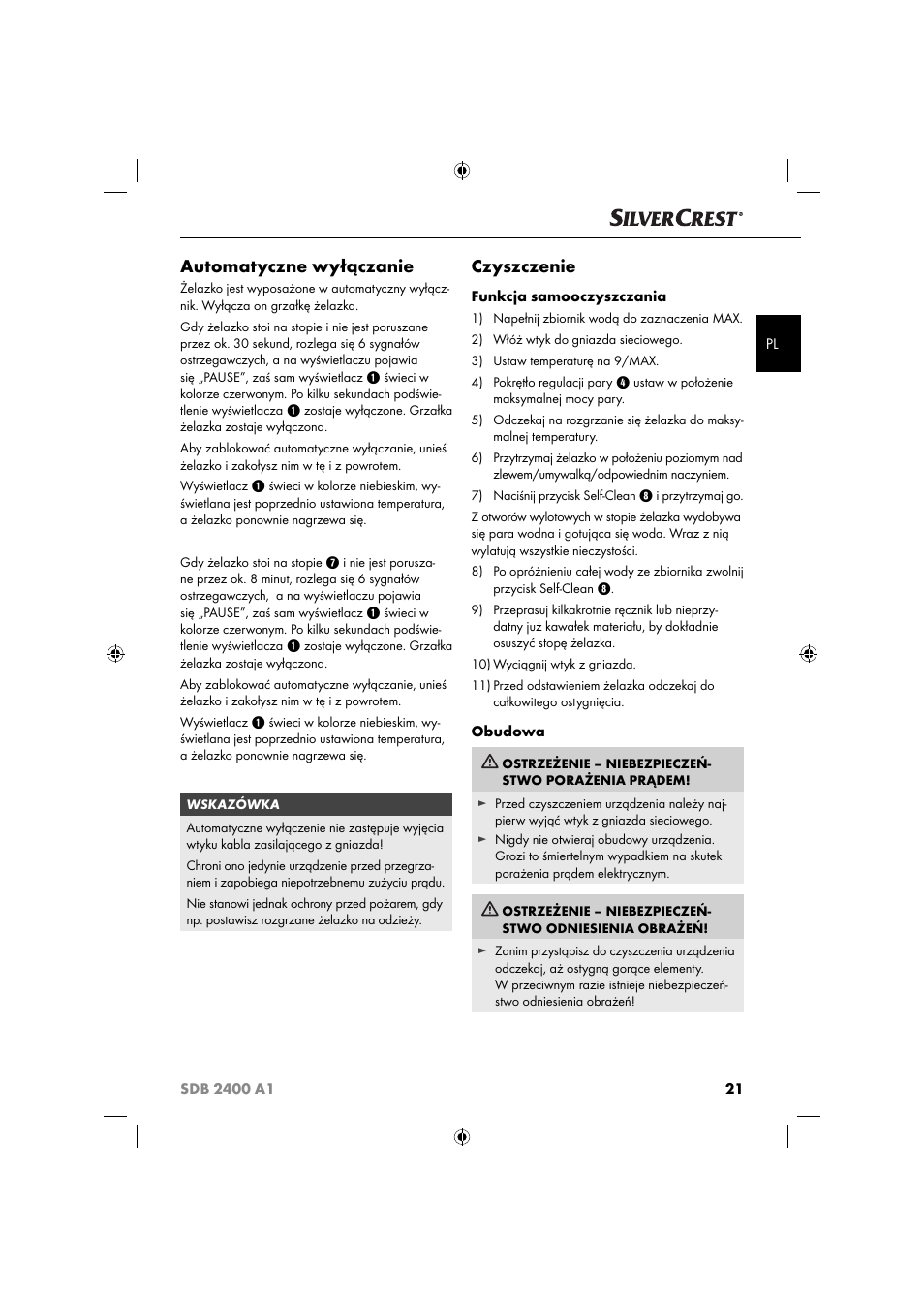 Automatyczne wyłączanie, Czyszczenie | Silvercrest SDB 2400 A1 User Manual | Page 24 / 63
