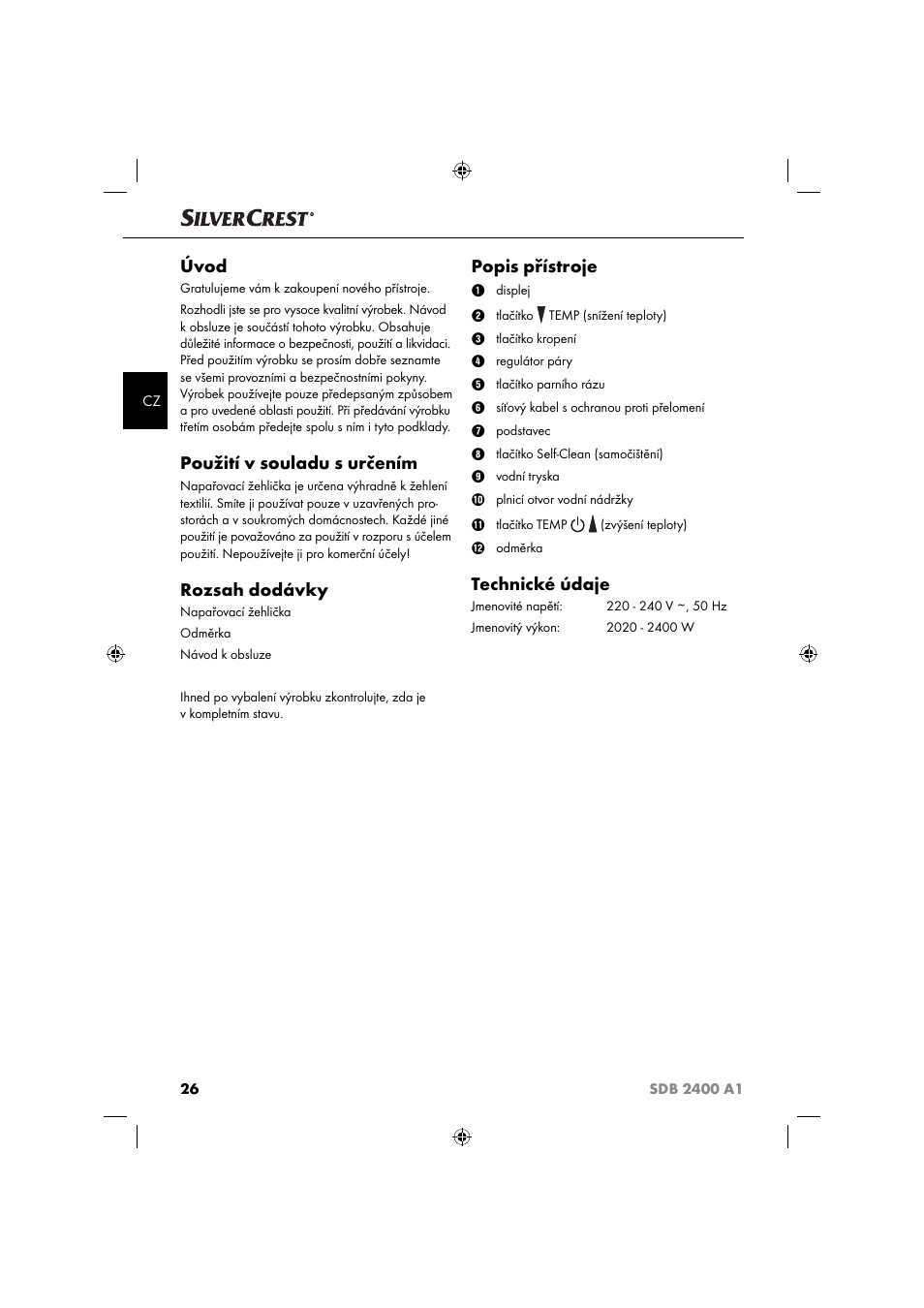 Úvod, Použití v souladu s určením, Rozsah dodávky | Popis přístroje, Technické údaje | Silvercrest SDB 2400 A1 User Manual | Page 29 / 63