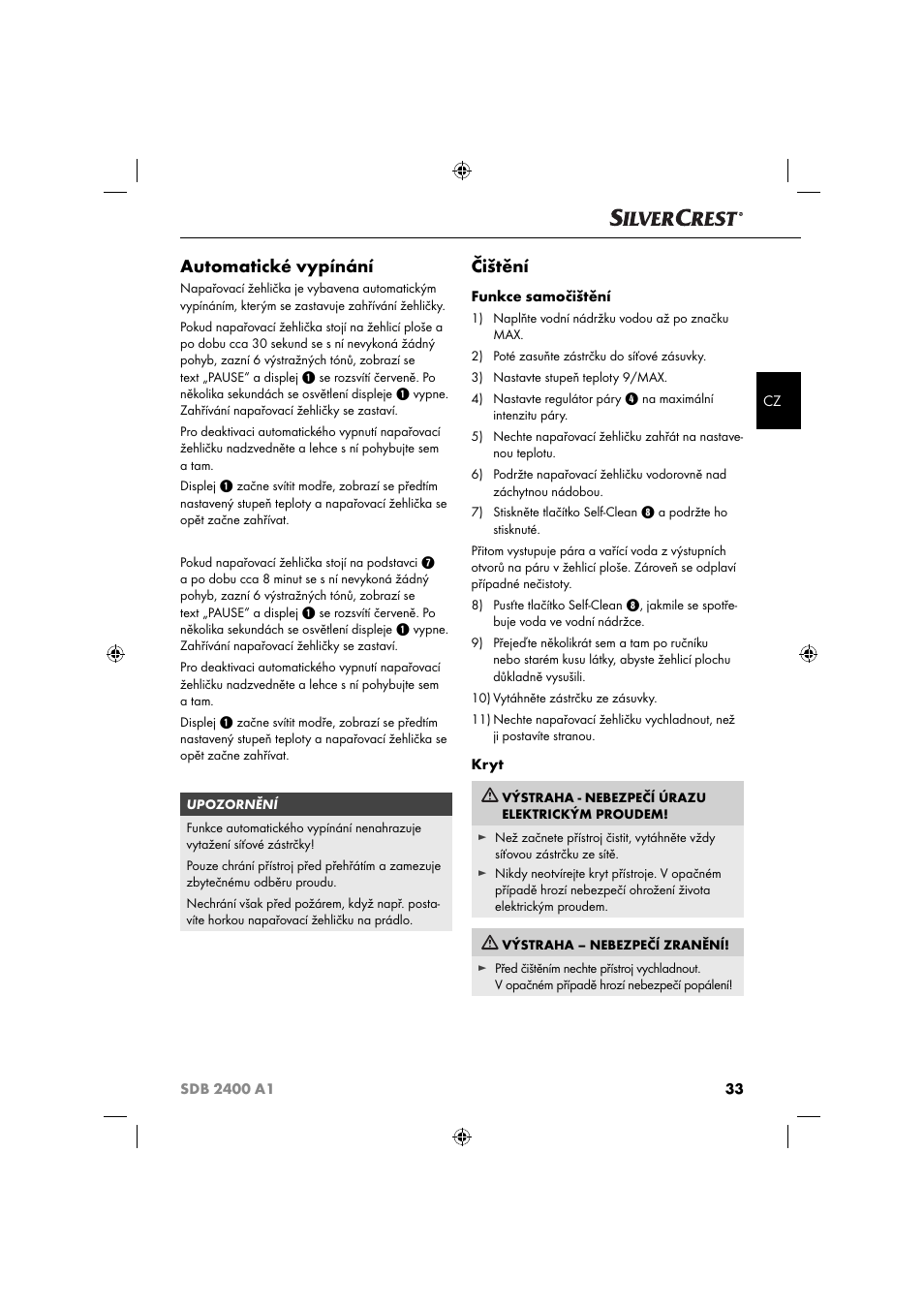 Automatické vypínání, Čištění | Silvercrest SDB 2400 A1 User Manual | Page 36 / 63