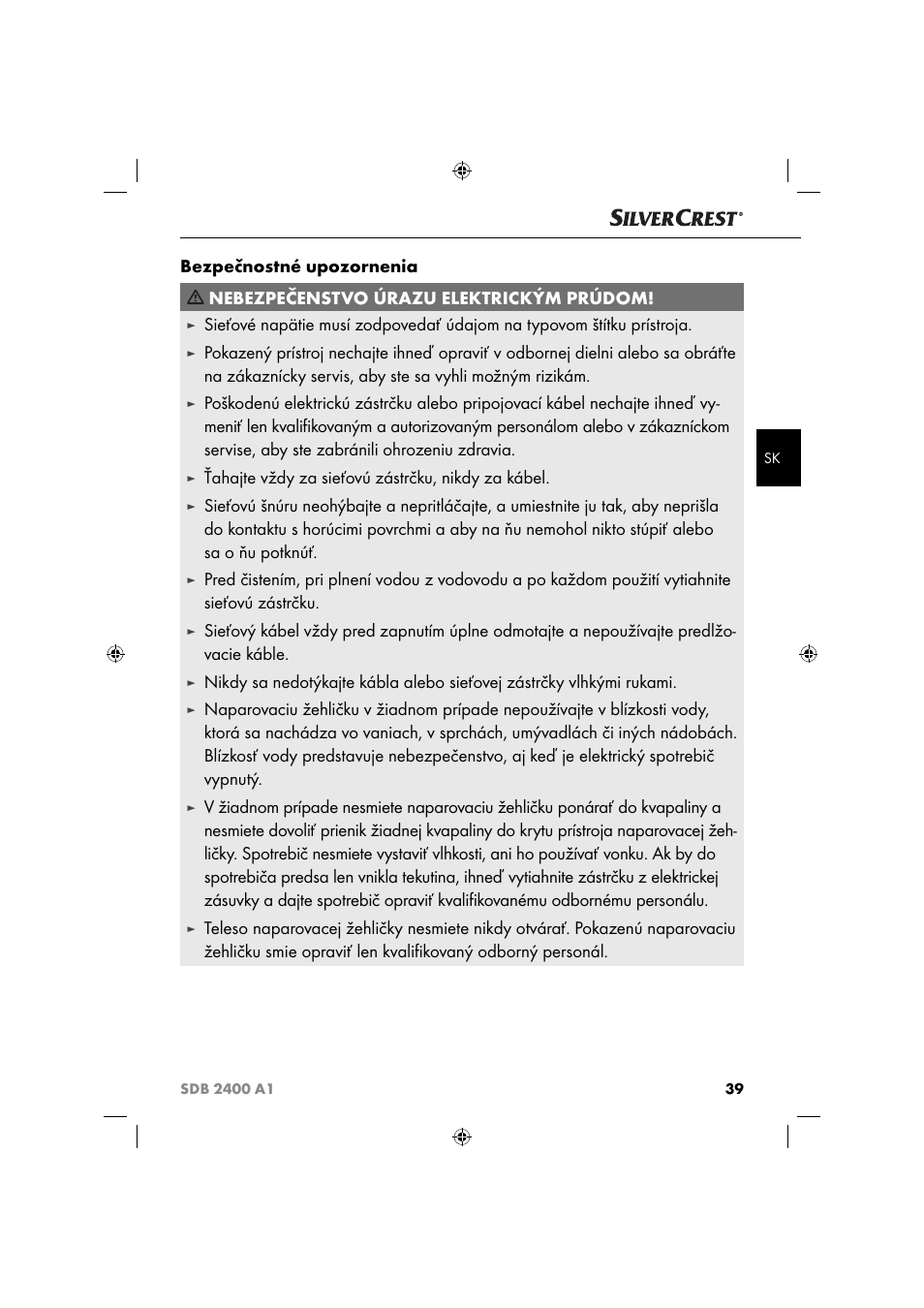 Ťahajte vždy za sieťovú zástrčku, nikdy za kábel | Silvercrest SDB 2400 A1 User Manual | Page 42 / 63
