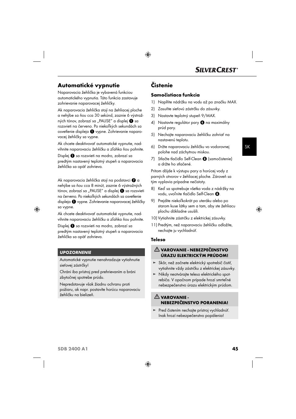 Automatické vypnutie, Čistenie | Silvercrest SDB 2400 A1 User Manual | Page 48 / 63