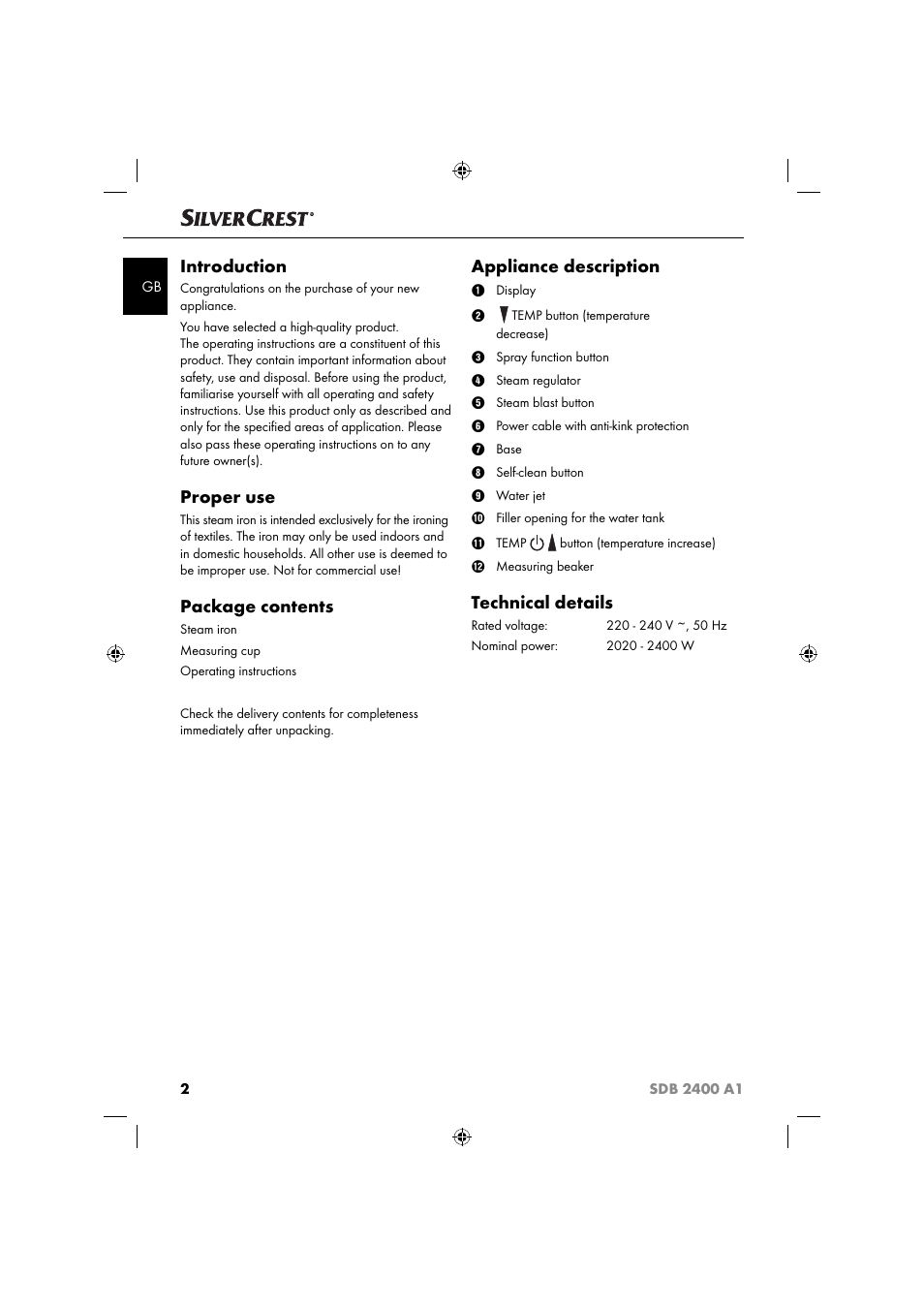 Introduction, Proper use, Package contents | Appliance description, Technical details | Silvercrest SDB 2400 A1 User Manual | Page 5 / 63