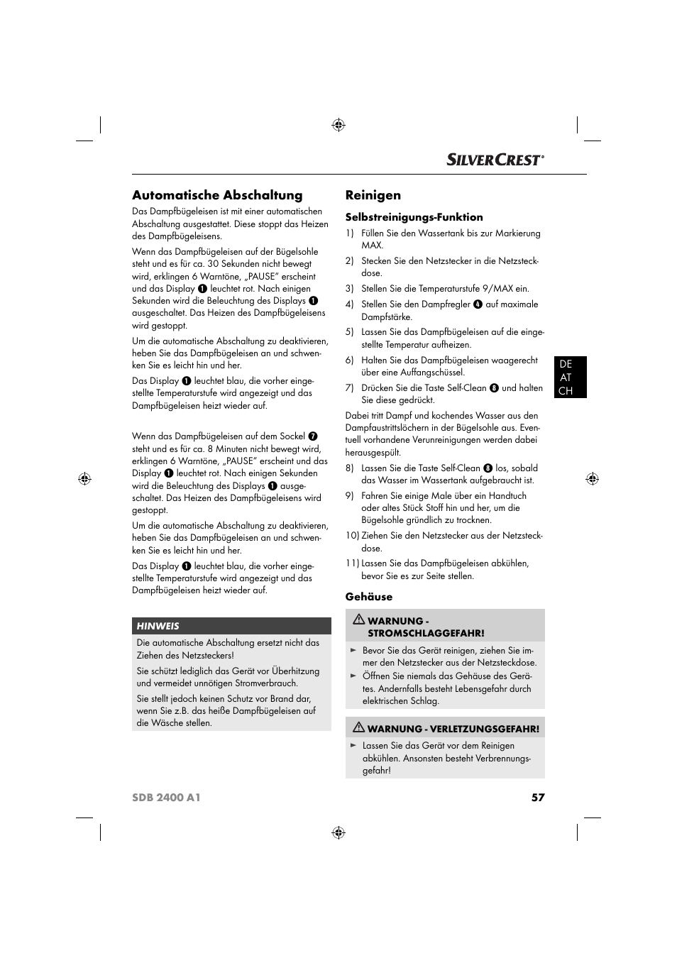 Automatische abschaltung, Reinigen | Silvercrest SDB 2400 A1 User Manual | Page 60 / 63