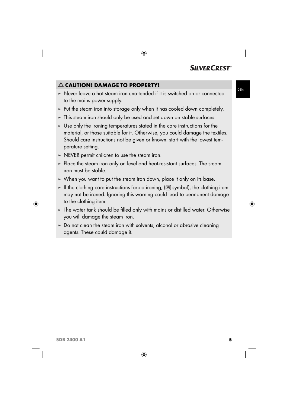 Caution! damage to property, Never permit children to use the steam iron | Silvercrest SDB 2400 A1 User Manual | Page 8 / 63
