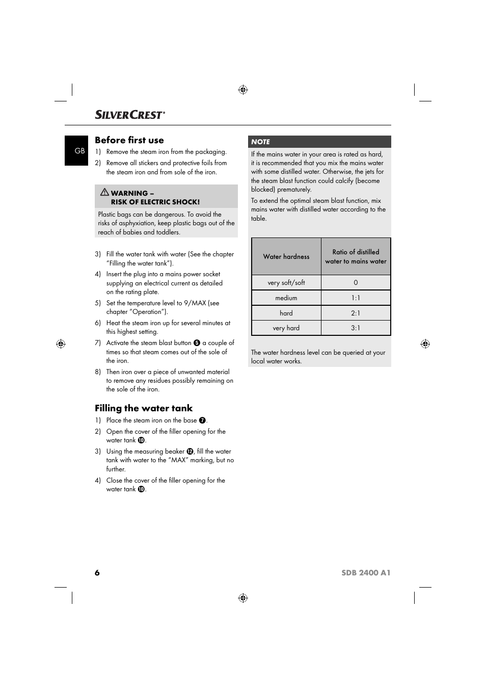 Before ﬁ rst use, Filling the water tank | Silvercrest SDB 2400 A1 User Manual | Page 9 / 63