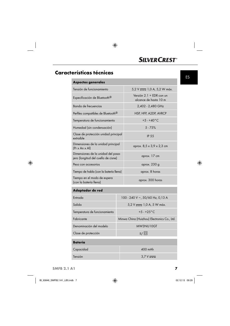 Características técnicas | Silvercrest SMFB 2.1 A1 User Manual | Page 11 / 78