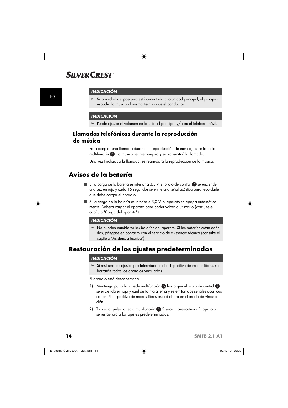 Avisos de la batería, Restauración de los ajustes predeterminados | Silvercrest SMFB 2.1 A1 User Manual | Page 18 / 78