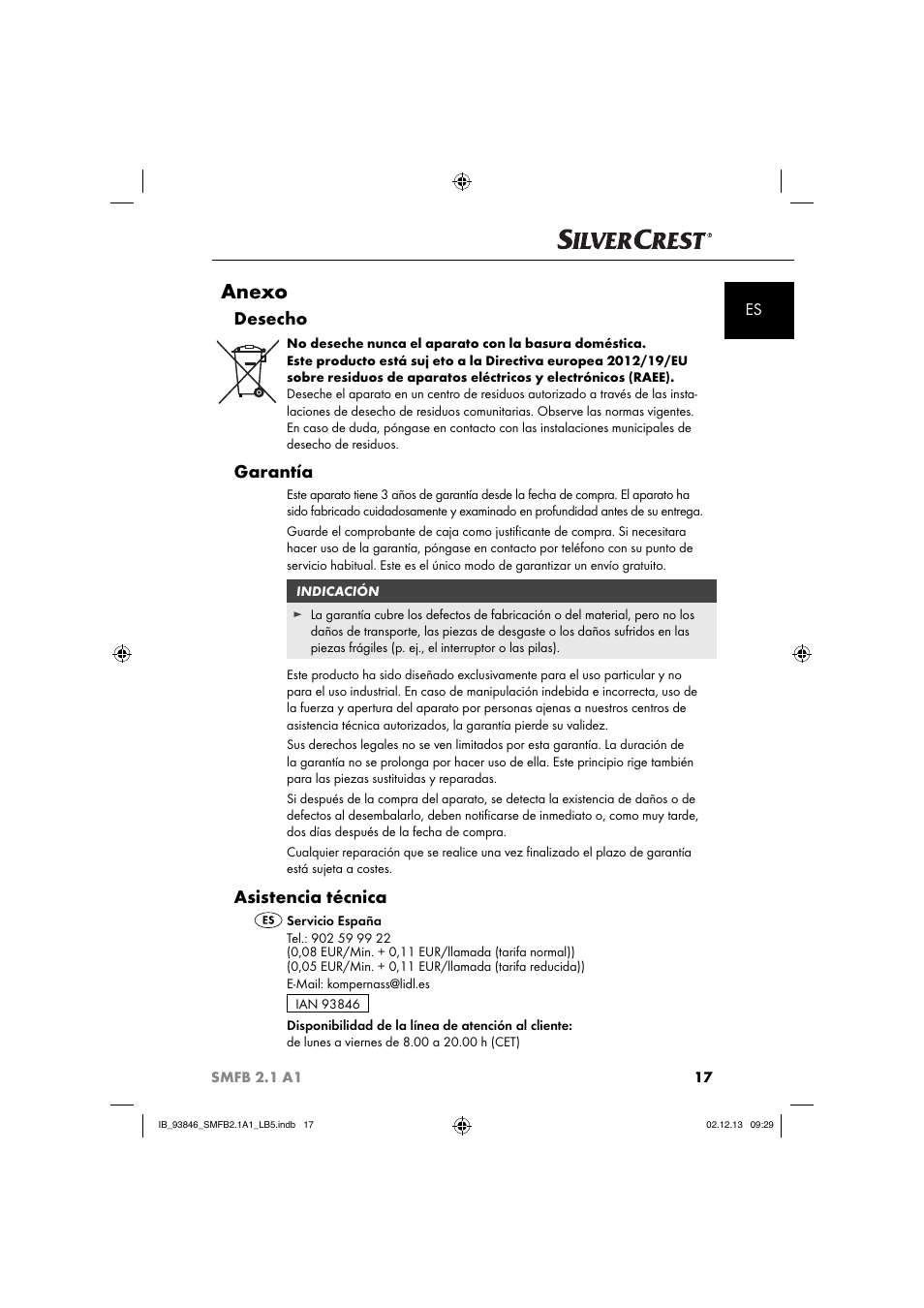 Anexo, Desecho, Garantía | Asistencia técnica | Silvercrest SMFB 2.1 A1 User Manual | Page 21 / 78