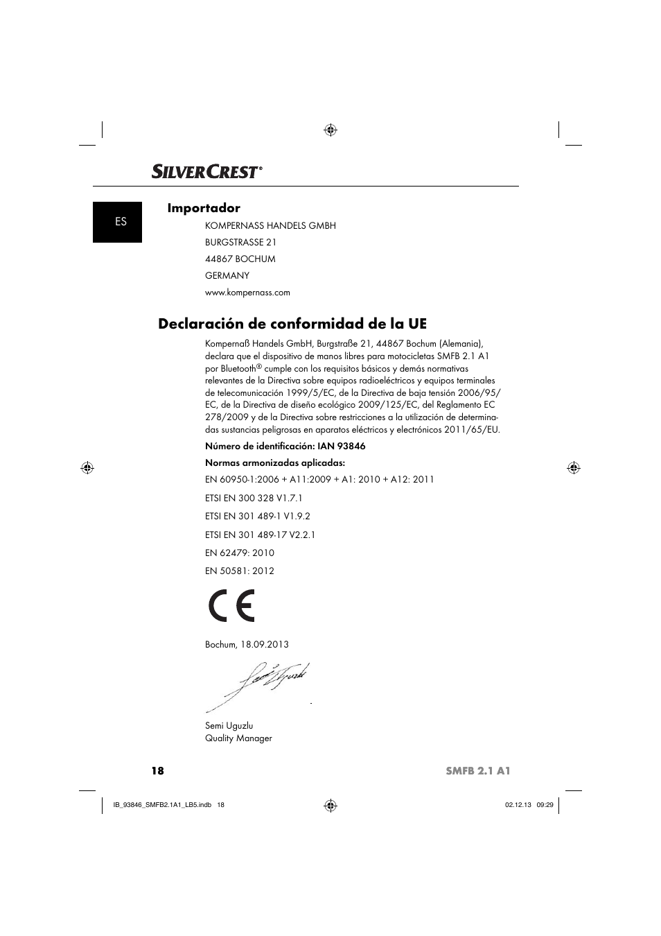 Declaración de conformidad de la ue, Importador | Silvercrest SMFB 2.1 A1 User Manual | Page 22 / 78