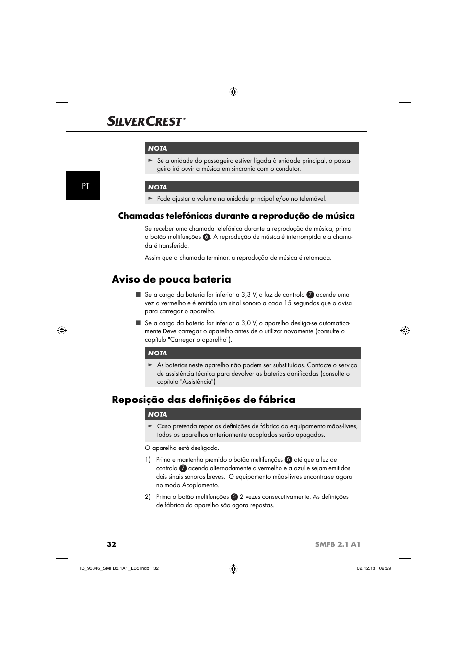 Aviso de pouca bateria, Reposição das deﬁ nições de fábrica | Silvercrest SMFB 2.1 A1 User Manual | Page 36 / 78