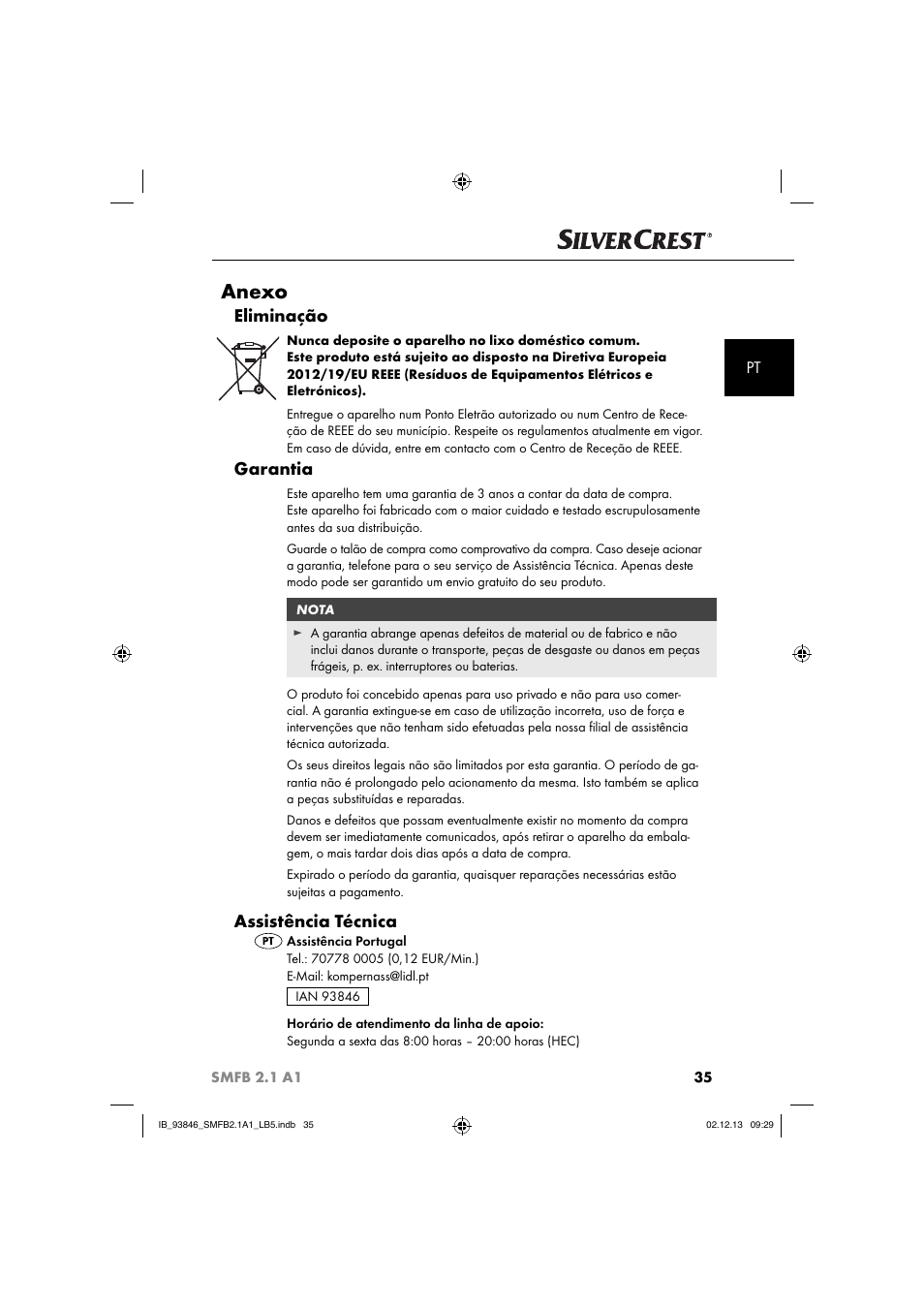 Anexo, Eliminação, Garantia | Assistência técnica | Silvercrest SMFB 2.1 A1 User Manual | Page 39 / 78
