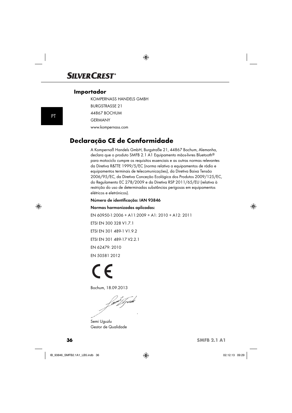 Declaração ce de conformidade, Importador | Silvercrest SMFB 2.1 A1 User Manual | Page 40 / 78