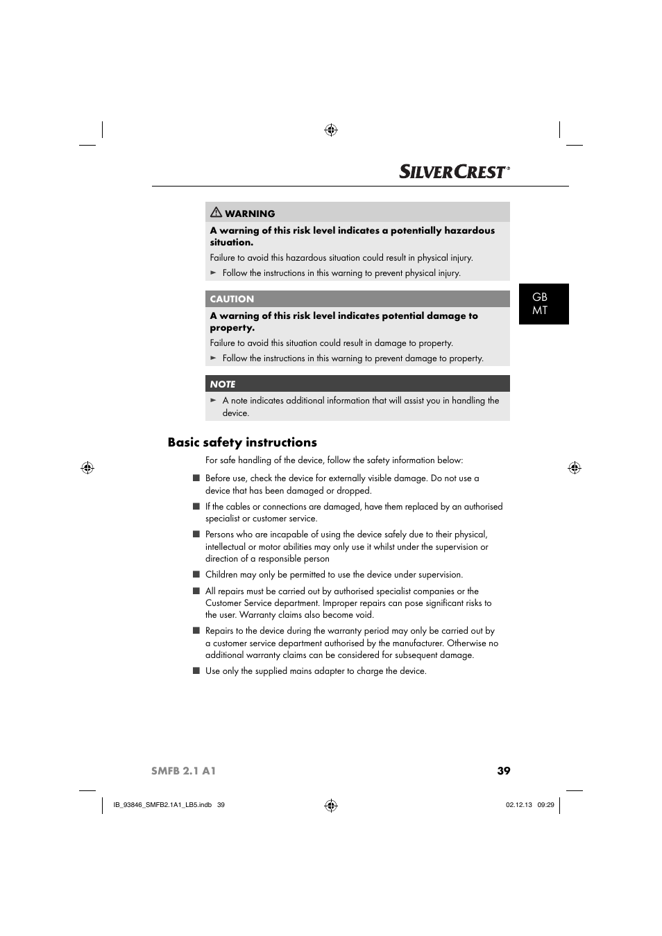 Basic safety instructions, Gb mt | Silvercrest SMFB 2.1 A1 User Manual | Page 43 / 78