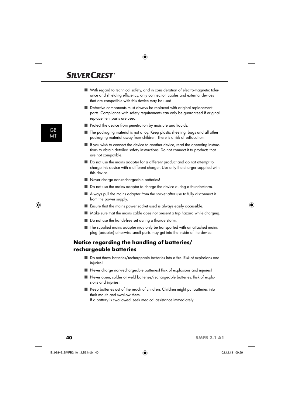 Gb mt | Silvercrest SMFB 2.1 A1 User Manual | Page 44 / 78