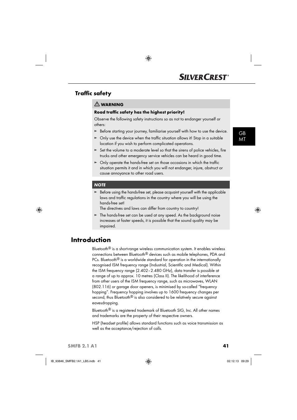 Introduction, Traﬃ c safety, Gb mt | Silvercrest SMFB 2.1 A1 User Manual | Page 45 / 78