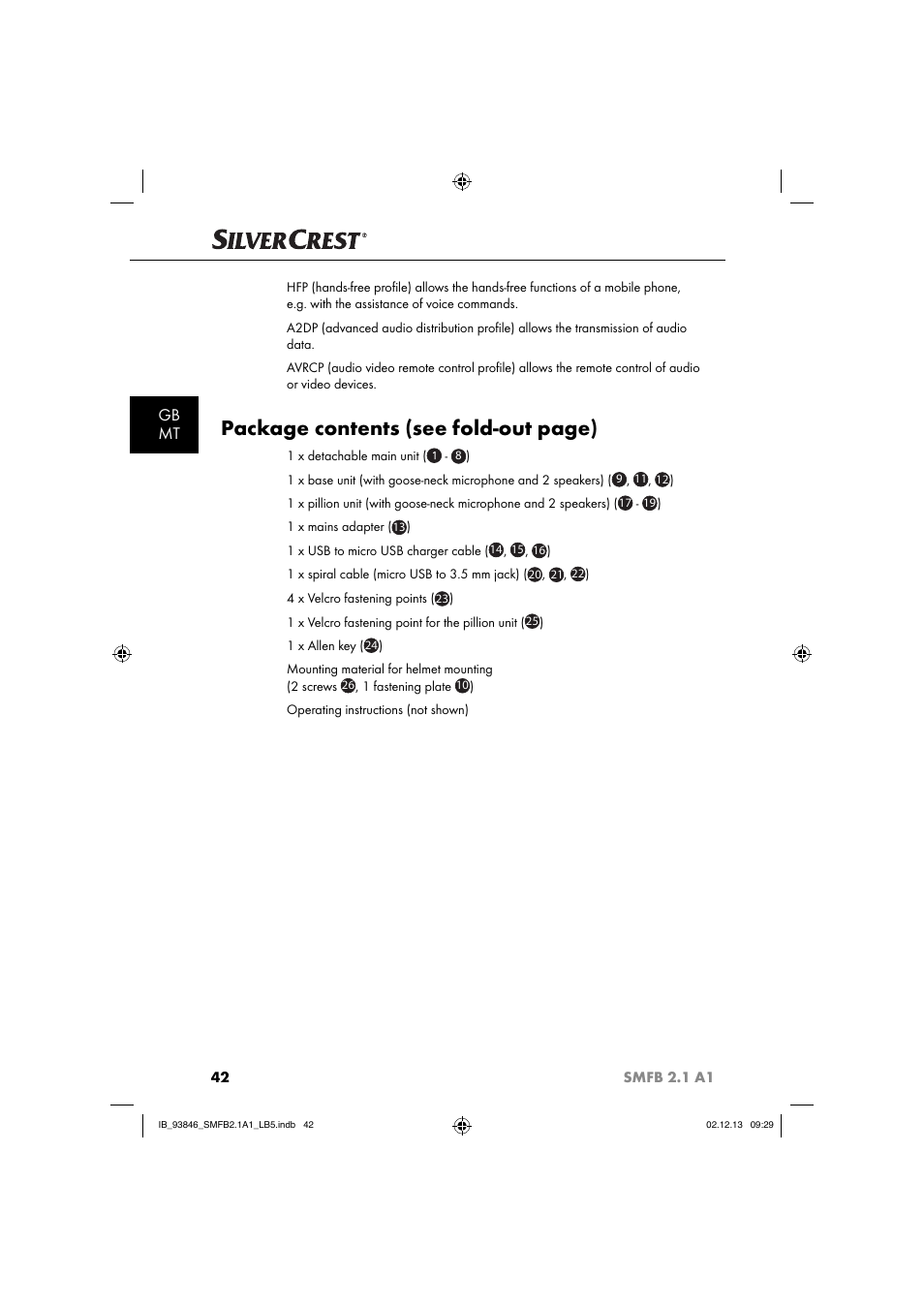 Package contents (see fold-out page), Gb mt | Silvercrest SMFB 2.1 A1 User Manual | Page 46 / 78