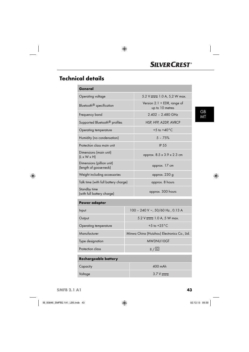 Technical details, Gb mt | Silvercrest SMFB 2.1 A1 User Manual | Page 47 / 78
