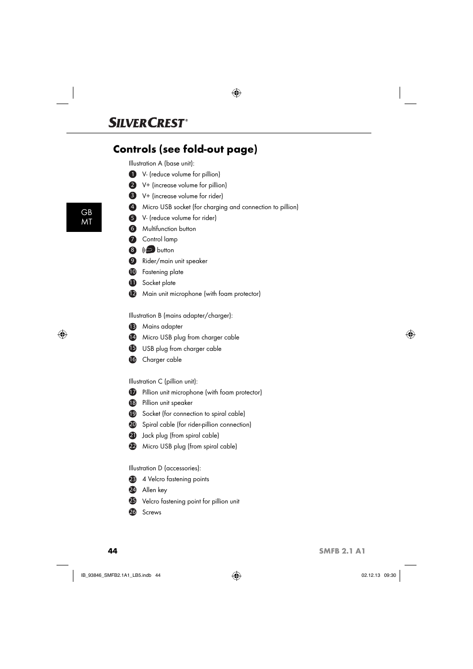 Controls (see fold-out page), Gb mt | Silvercrest SMFB 2.1 A1 User Manual | Page 48 / 78