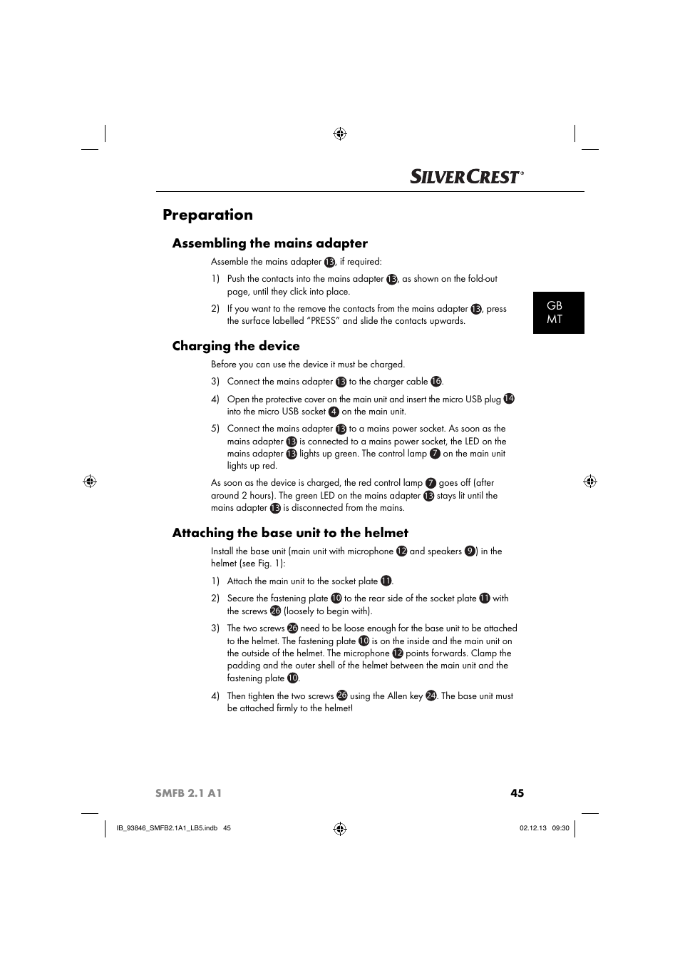 Preparation, Assembling the mains adapter, Charging the device | Attaching the base unit to the helmet, Gb mt | Silvercrest SMFB 2.1 A1 User Manual | Page 49 / 78
