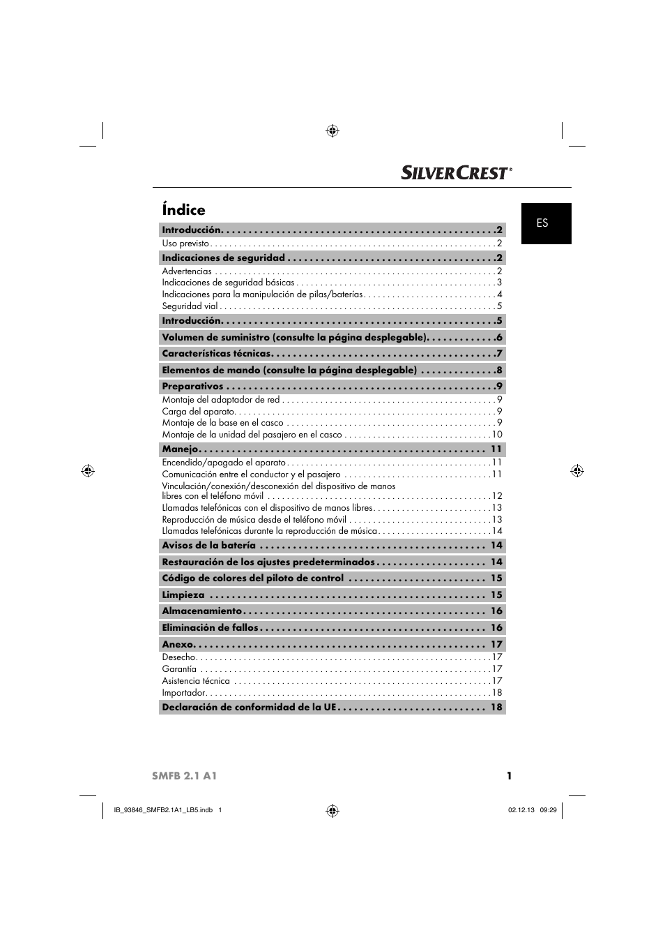 Índice | Silvercrest SMFB 2.1 A1 User Manual | Page 5 / 78