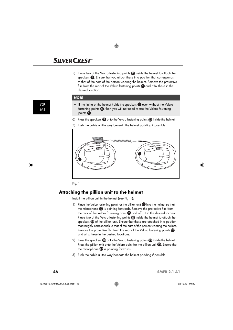 Attaching the pillion unit to the helmet, Gb mt | Silvercrest SMFB 2.1 A1 User Manual | Page 50 / 78