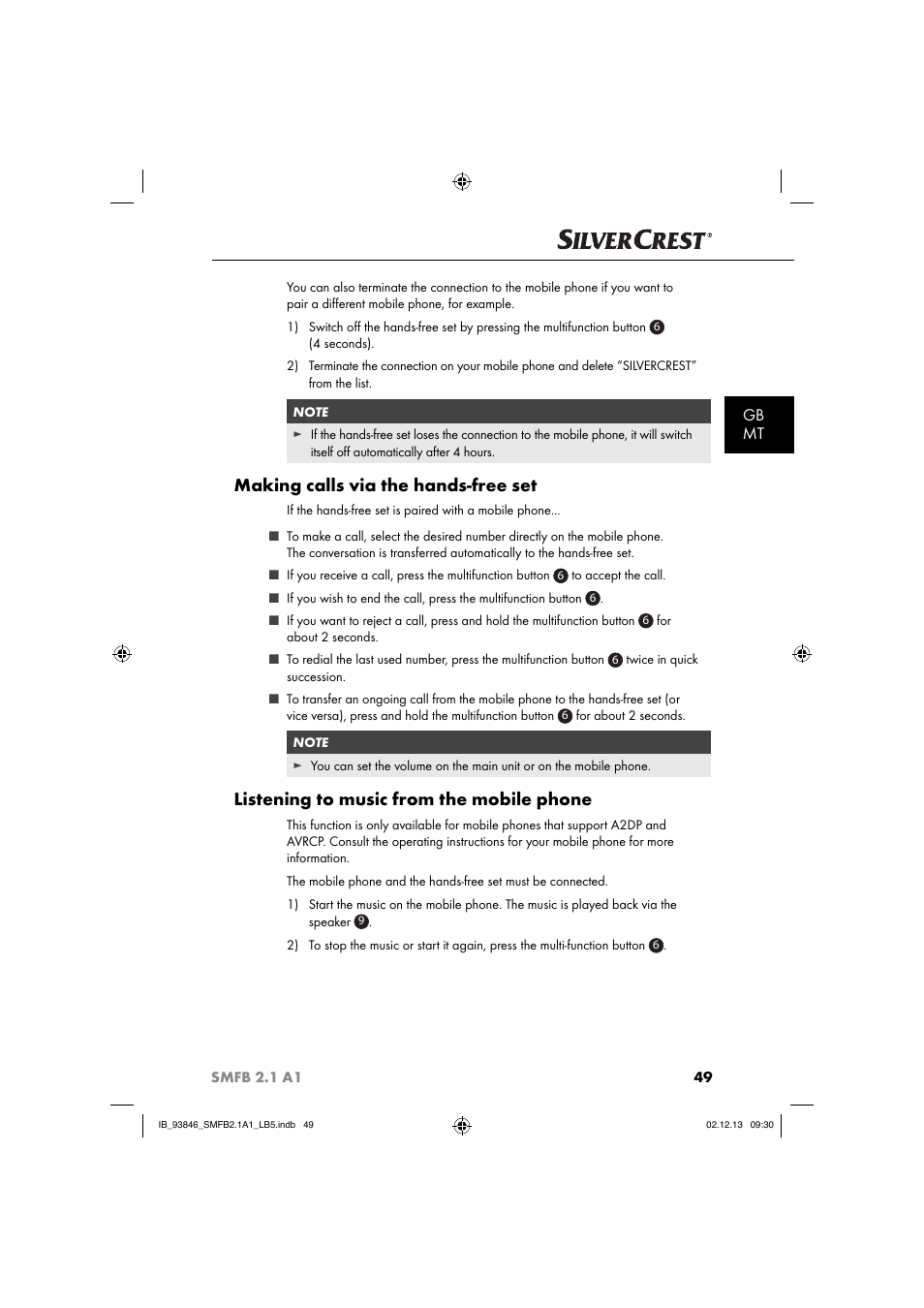 Making calls via the hands-free set, Listening to music from the mobile phone, Gb mt | Silvercrest SMFB 2.1 A1 User Manual | Page 53 / 78