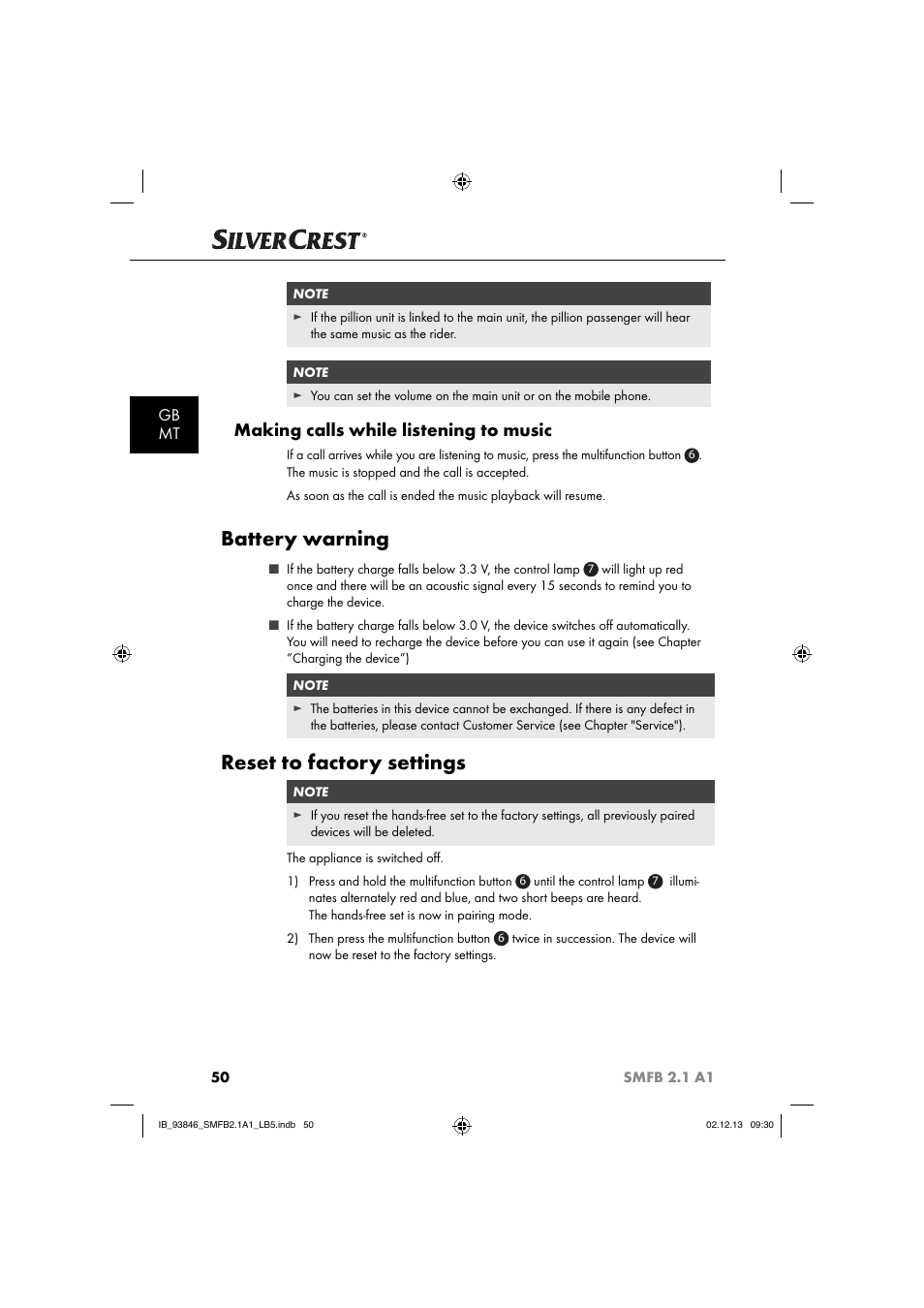 Battery warning, Reset to factory settings, Making calls while listening to music | Gb mt | Silvercrest SMFB 2.1 A1 User Manual | Page 54 / 78