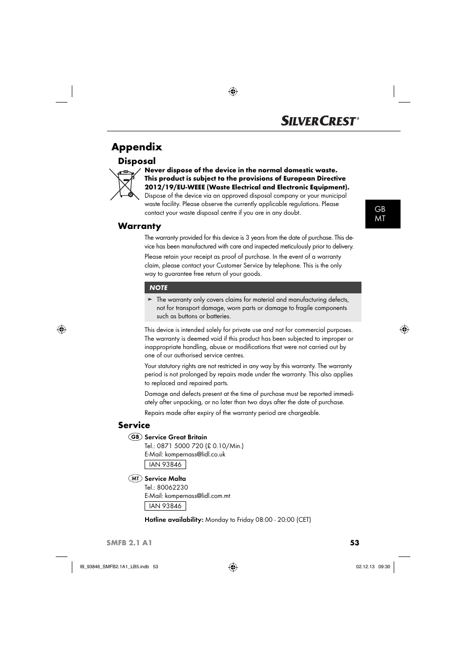 Appendix, Disposal, Warranty | Service, Gb mt | Silvercrest SMFB 2.1 A1 User Manual | Page 57 / 78