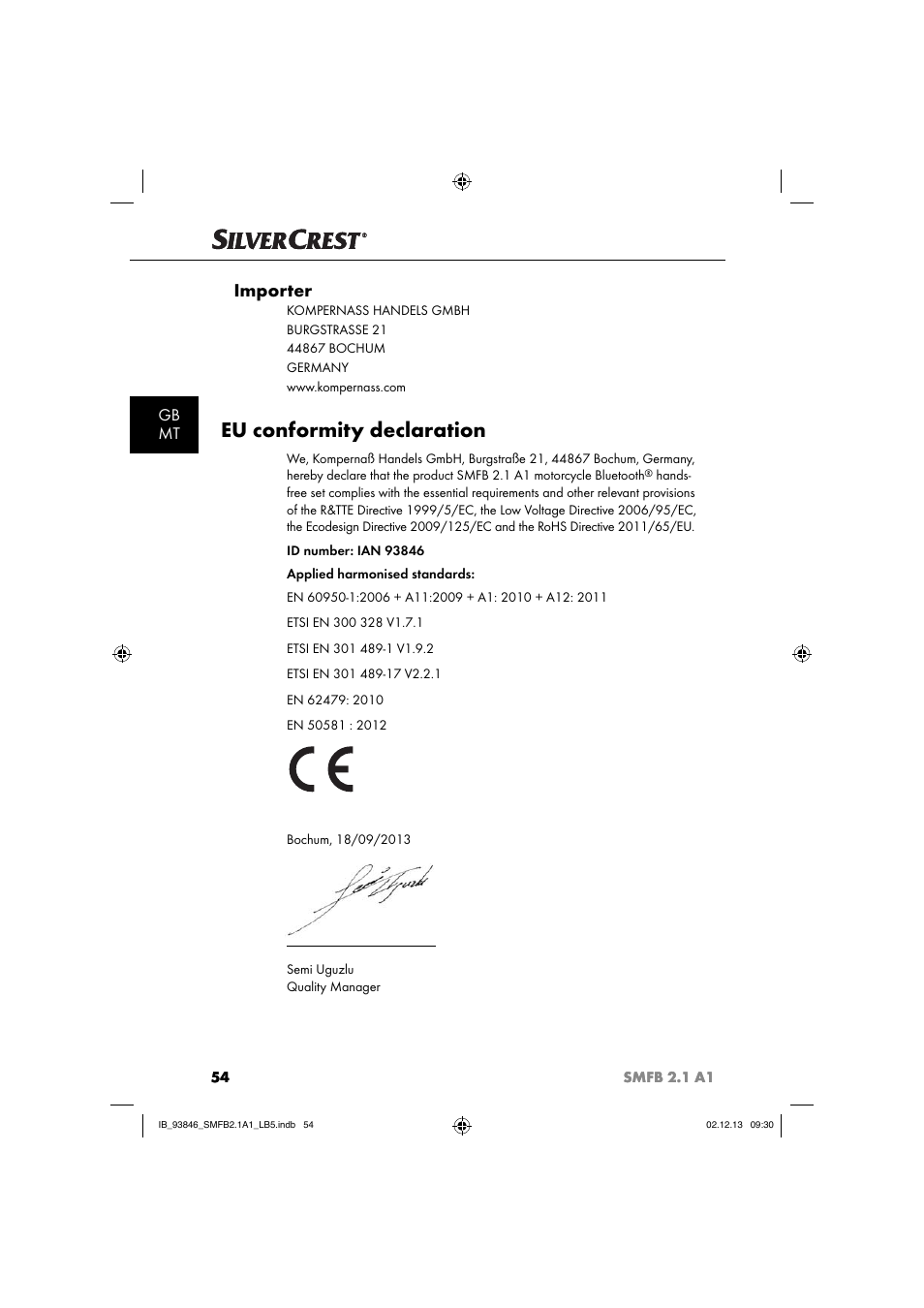 Eu conformity declaration, Importer, Gb mt | Silvercrest SMFB 2.1 A1 User Manual | Page 58 / 78