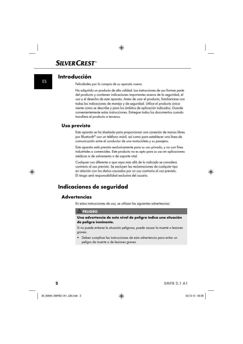 Introducción, Indicaciones de seguridad, Uso previsto | Advertencias | Silvercrest SMFB 2.1 A1 User Manual | Page 6 / 78