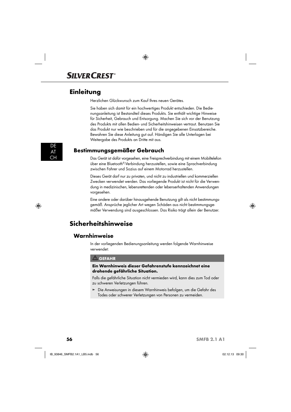 Einleitung, Sicherheitshinweise, Bestimmungsgemäßer gebrauch | Warnhinweise, De at ch | Silvercrest SMFB 2.1 A1 User Manual | Page 60 / 78