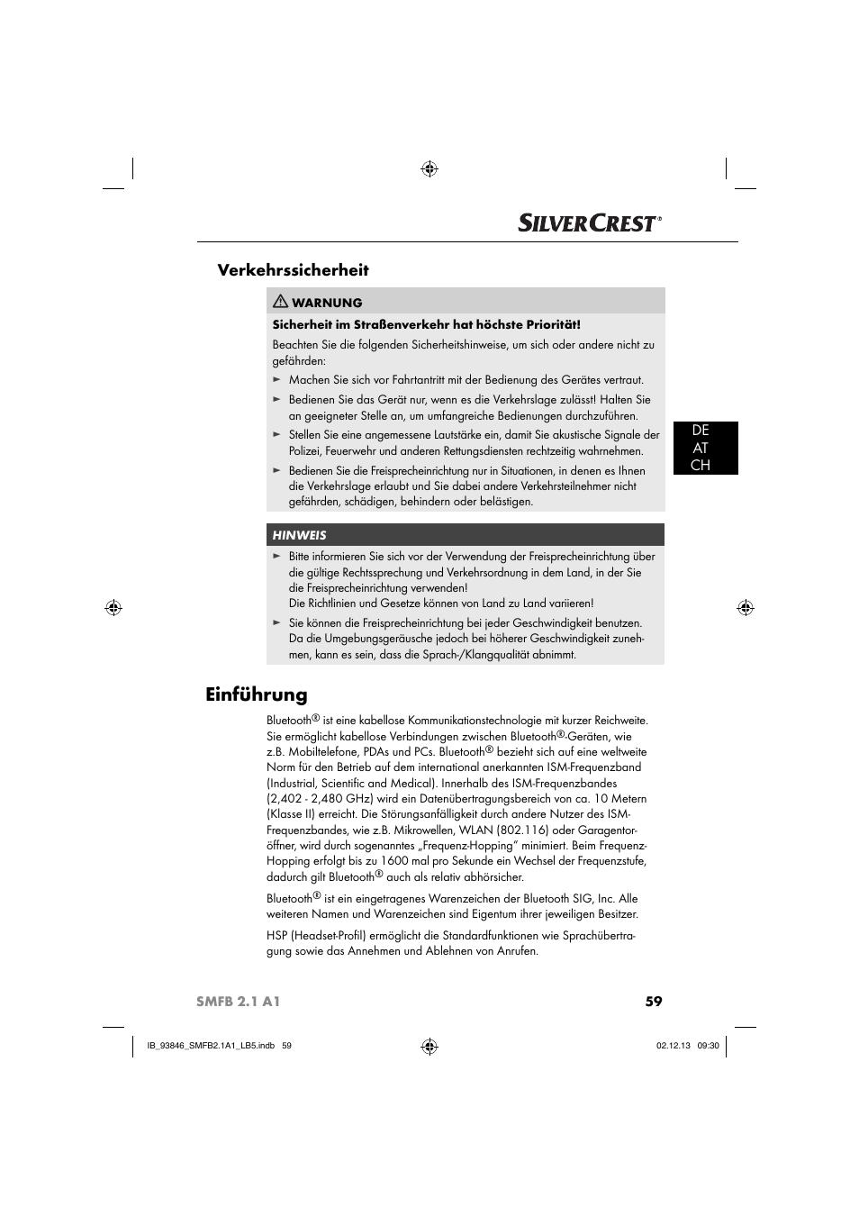 Einführung, Verkehrssicherheit, De at ch | Silvercrest SMFB 2.1 A1 User Manual | Page 63 / 78