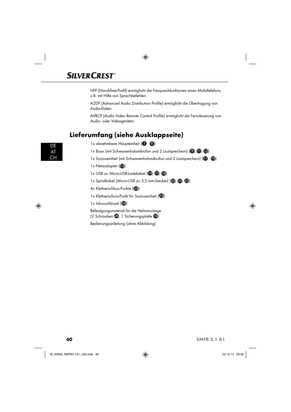 Lieferumfang (siehe ausklappseite), De at ch | Silvercrest SMFB 2.1 A1 User Manual | Page 64 / 78