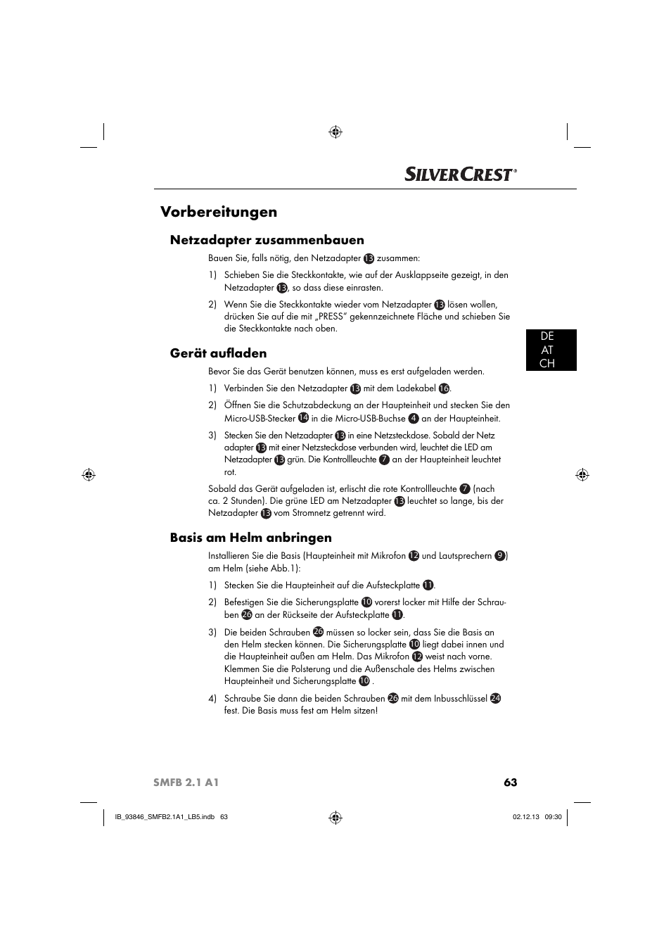 Vorbereitungen, Netzadapter zusammenbauen, Gerät auﬂ aden | Basis am helm anbringen, De at ch | Silvercrest SMFB 2.1 A1 User Manual | Page 67 / 78