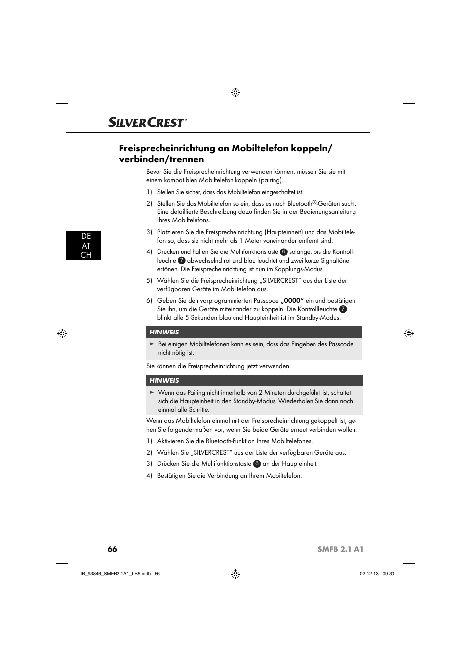 De at ch | Silvercrest SMFB 2.1 A1 User Manual | Page 70 / 78