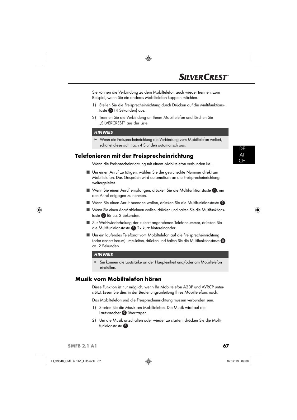 Telefonieren mit der freisprecheinrichtung, Musik vom mobiltelefon hören, De at ch | Silvercrest SMFB 2.1 A1 User Manual | Page 71 / 78