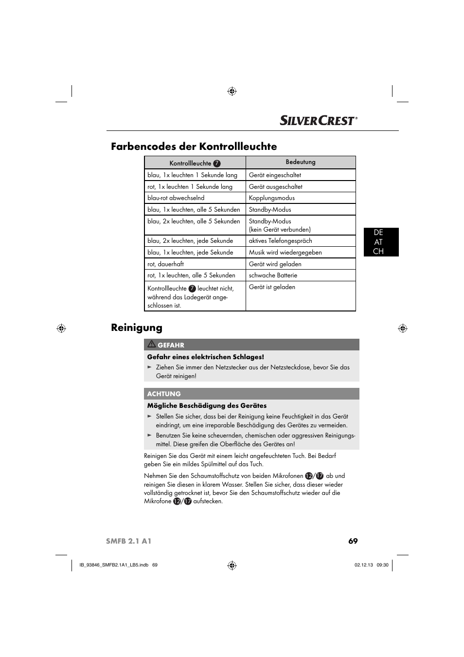 Farbencodes der kontrollleuchte, Reinigung, De at ch | Silvercrest SMFB 2.1 A1 User Manual | Page 73 / 78