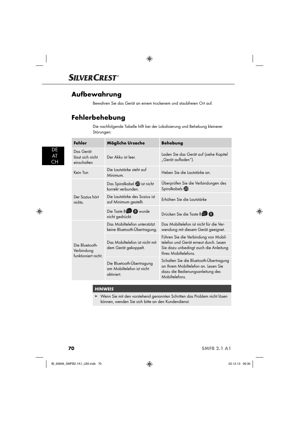 Aufbewahrung, Fehlerbehebung, De at ch | Silvercrest SMFB 2.1 A1 User Manual | Page 74 / 78