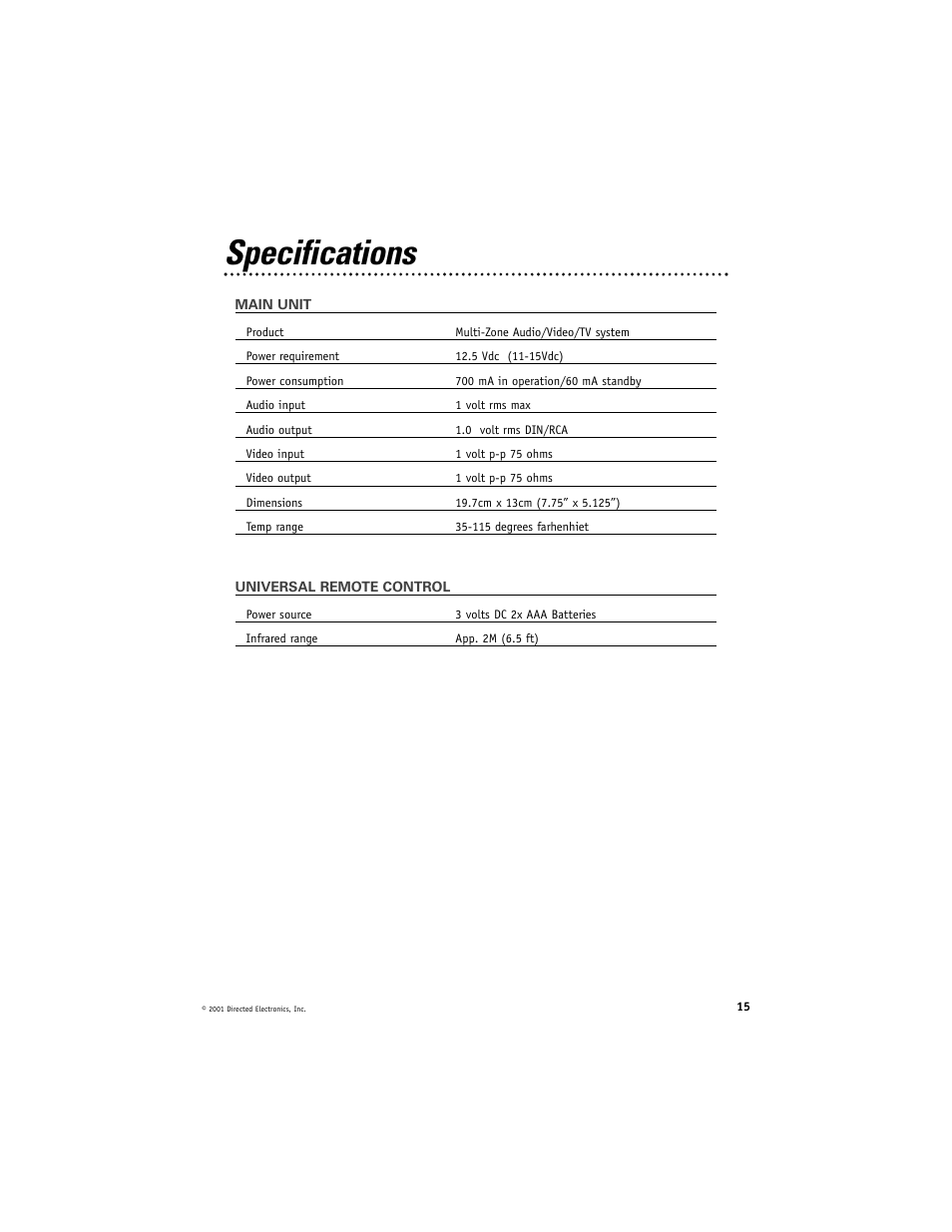 Specifications | Directed Video MCB1000 User Manual | Page 15 / 16