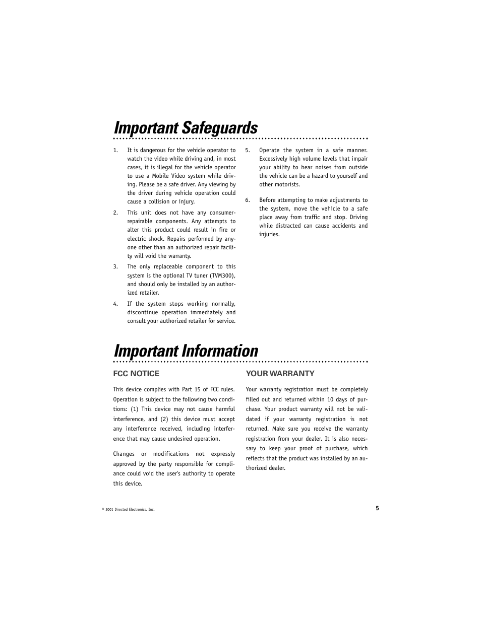 Important information, Important safeguards | Directed Video MCB1000 User Manual | Page 5 / 16
